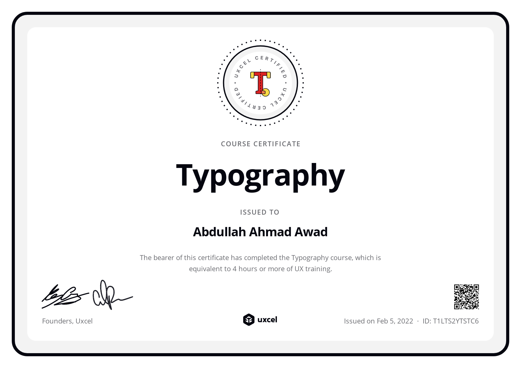 Abdullah Ahmad Awad's certificate